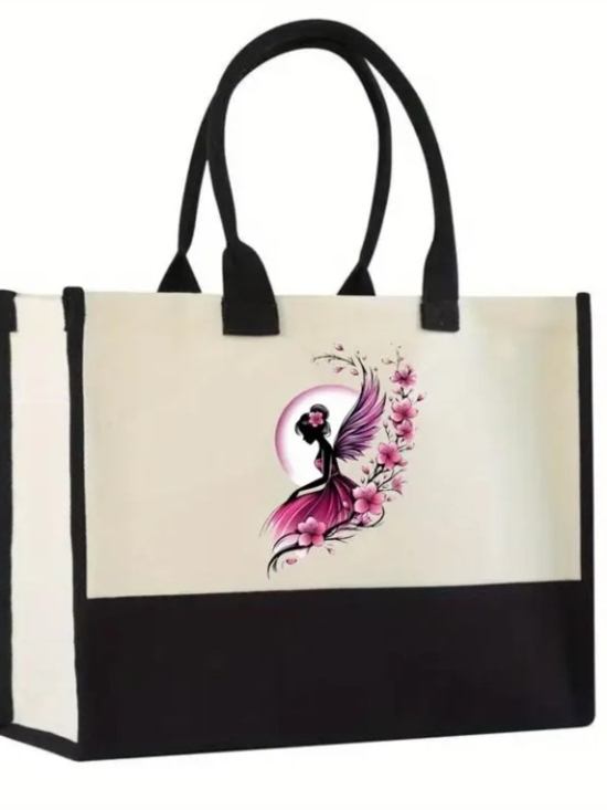 Handbags - Canvas Tote Bag with Pink Fairy Floral Print